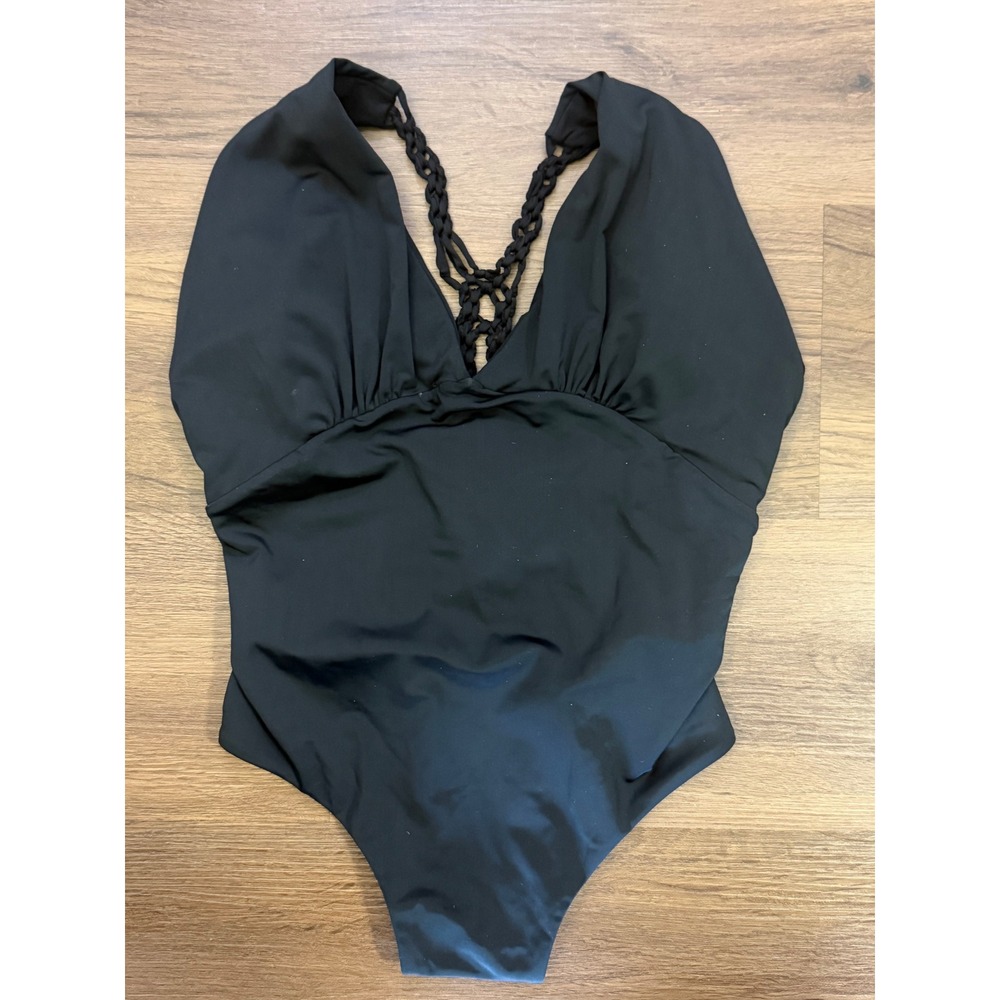 Entreaguas Black Macrame Braided Back One Piece Swimsuit Large Halter Ruched